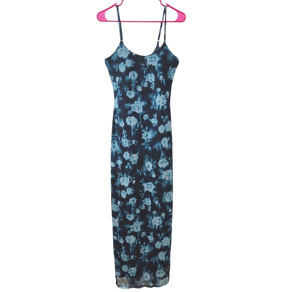 No Boundaries Maxi Dress Womens Small S 4-6 Blue Floral Mesh Spaghetti Strap Y2K